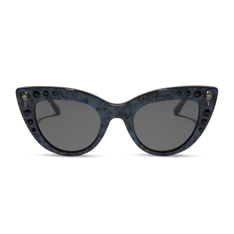 harry potter x diff eyewear bellatrix cat eye sunglasses with a geo black frame and solid grey lenses front view