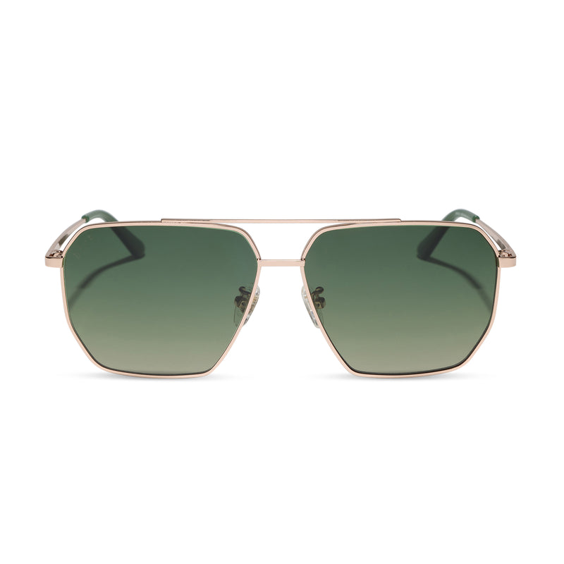 diff eyewear featuring the berkely navigator sunglasses with a champagne gold (light gold) metal frame and aloe green gradient polarized lenses front view