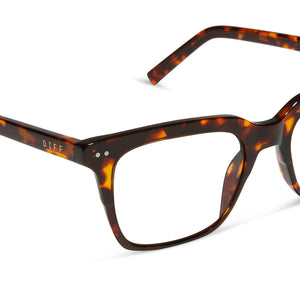 diff eyewear billie square prescription glasses with a rich tortoise frame detailed view