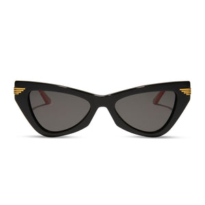 Marvel x DIFF Eyewear black widow cat eye sunglasses with a black frame and grey polarized lenses front view