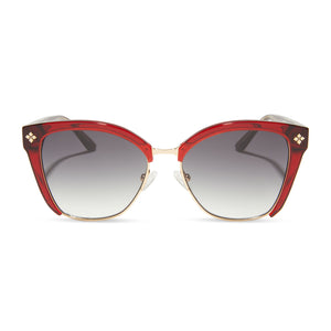 patricia nash x diff eyewear featuring the brandi square sunglasses with a ruby red crystal frame and grey gradient lenses front view