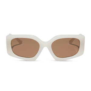 kristy sarah x diff eyewear featuring the brb square sunglasses with a milky beige frame and brown lenses front view