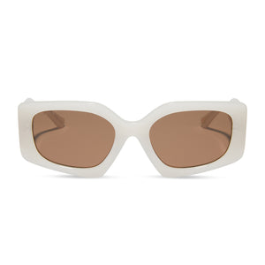 kristy sarah x diff eyewear featuring the brb square sunglasses with a milky beige frame and brown lenses front view