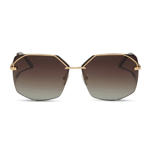 diff eyewear bree square sunglasses with a gold metal frame and brown gradient polarized lenses front view