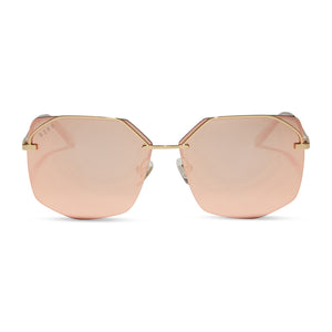 diff eyewear bree square sunglasses with a metal gold frame and peach mirror lenses front view