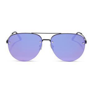 diff eyewear brooklyn aviator sunglasses with a black frame and purple mirror lenses front view