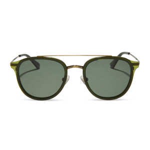 diff eyewear featuring the camden aviator sunglasses with a dark olive crystal frame and g15 polarized lenses front view