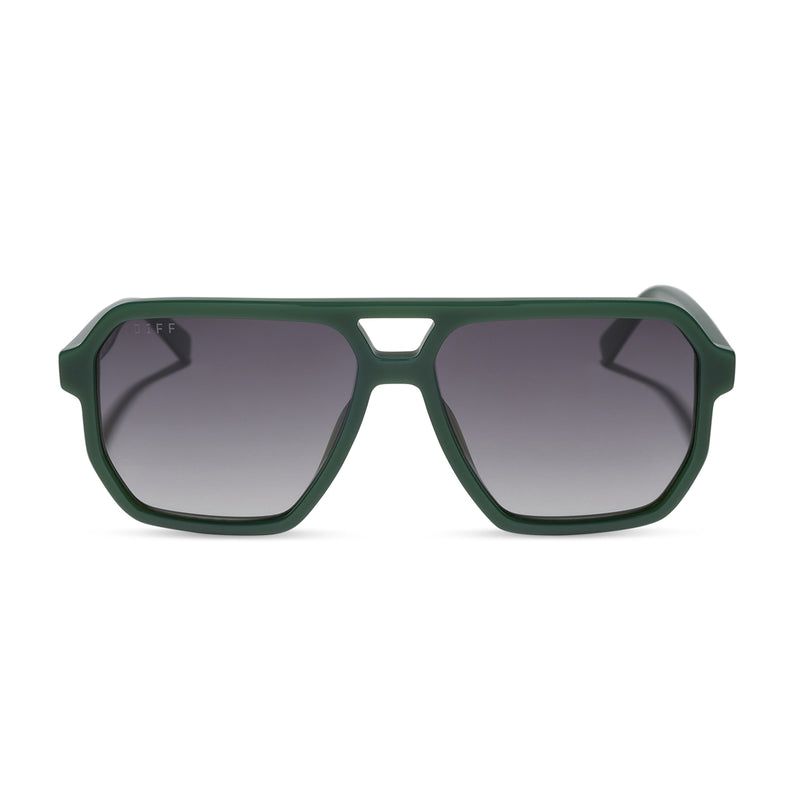 diff eyewear featuring the cameron navigator sunglasses with a fairway green acetate frame and grey gradient polarized lenses front view