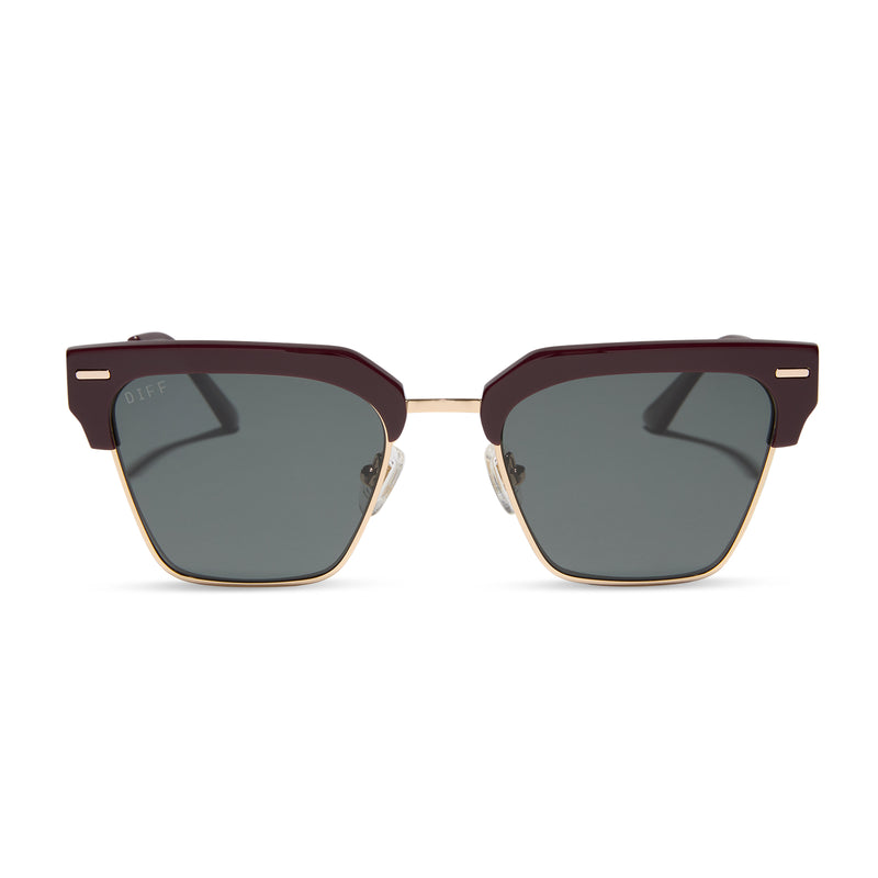 diff eyewear featuring the capri rectangle sunglasses with a dark cherry lacquer frame and grey polarized lenses front view