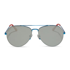 Marvel x diff eyewear captain america aviator sunglasses with a shiny blue metallic frame and silver mirror polarized lenses front view