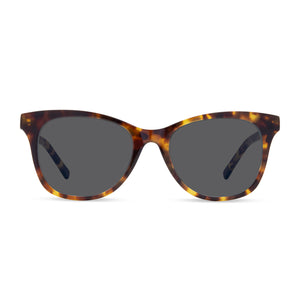 diff eyewear carina cat eye sunglasses with a amber tortoise frame and grey lenses front view