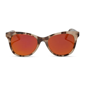 diff eyewear carina cat eye sunglasses with a cream tortoise frame and sunset mirror lenses front view