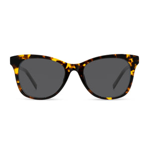 diff eyewear carina cat eye sunglasses with a dark tortoise frame and grey lenses front view