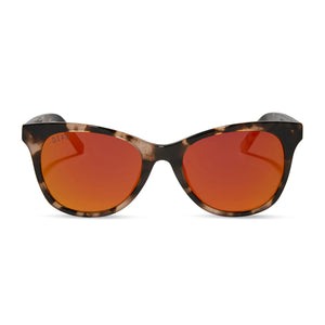 diff eyewear carina cat eye sunglasses with a himalayan tortoise frame and sunset mirror lenses front view