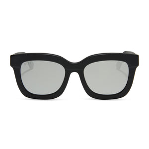 diff eyewear carson xs square sunglasses with a matte black frame and grey polarized lenses front view