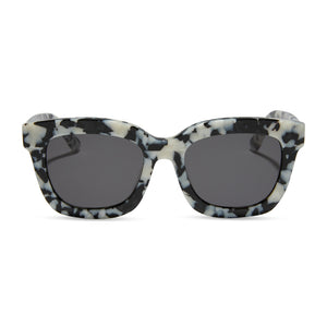 diff eyewear carson xs square sunglasses with a rich hide black and white acetate frame and grey lenses front view