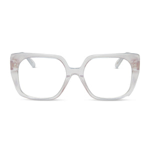 diff eyewear featuring the cecilia square glasses with a opalescent pink frame and clear demo lenses front view