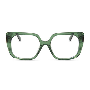 diff eyewear featuring the cecilia square glasses with a sage green crystal frame and prescription lenses front view