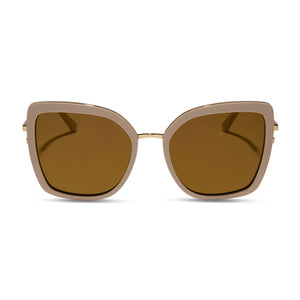 diff eyewear featuring the clarisse cateye sunglasses with a almond frame and brown gold flash polarized lenses front view