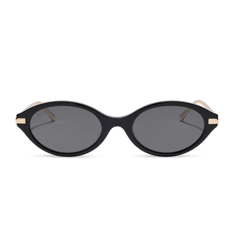 diff eyewear claudine oval sunglasses with a black acetate frame, gold metal temples and grey polarized lenses front view