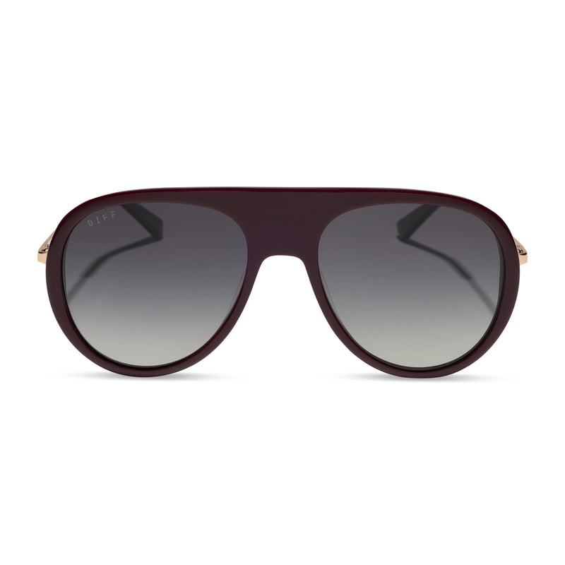 diff eyewear cleo oversized aviator sunglasses with a dark cherry lacquer red frame, gold temples and grey gradient polarized lenses front view