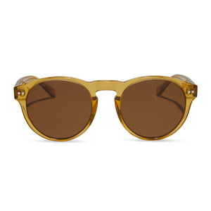 diff eyewear cody round sunglasses with a citrine gold crystal acetate frame and brown polarized lenses front view