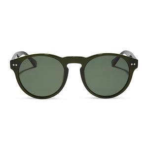 diff eyewear featuring the cody round sunglasses with a dark olive crystal frame and g15 polarized lenses front view