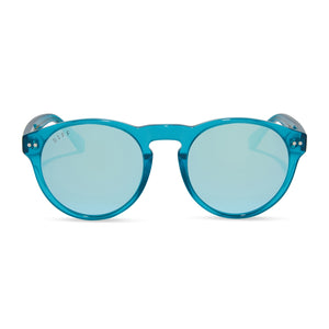 diff eyewear cody round sunglasses with a turquoise ice crystal acetate frame and teal mirror polarized lenses front view