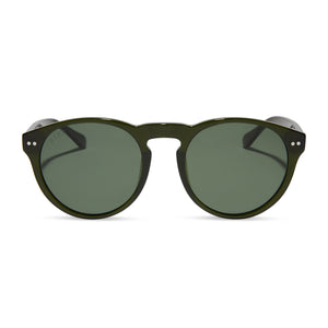 diff eyewear featuring the cody xl round sunglasses with a dark olive crystal frame and g15 polarized lenses front view