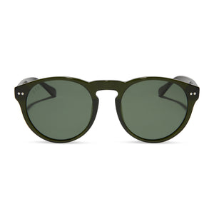diff eyewear featuring the cody xl round sunglasses with a dark olive crystal frame and g15 polarized lenses front view