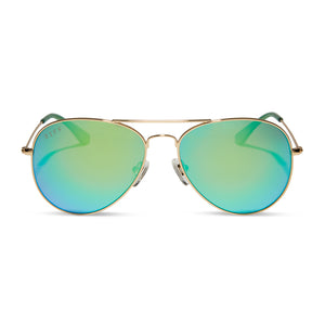 diff eyewear cruz aviator sunglasses with a gold metal frame and green mirror polarized lenses front view
