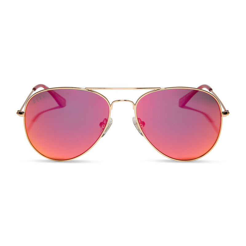 diff eyewear featuring the cruz aviator sunglasses with a gold frame and red hot summer mirror polarized lenses front view