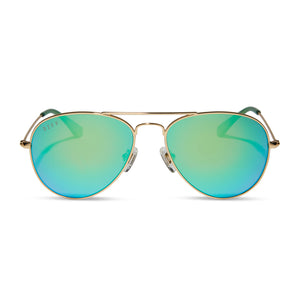 diff eyewear cruz xs aviator sunglasses with a gold metal frame and green mirror polarized lenses front view