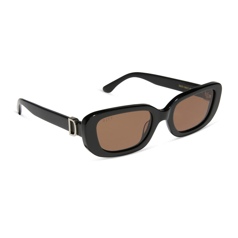diff eyewear featuring the daphne rectangle sunglasses with a black with silver metal frame and brown lenses angled view