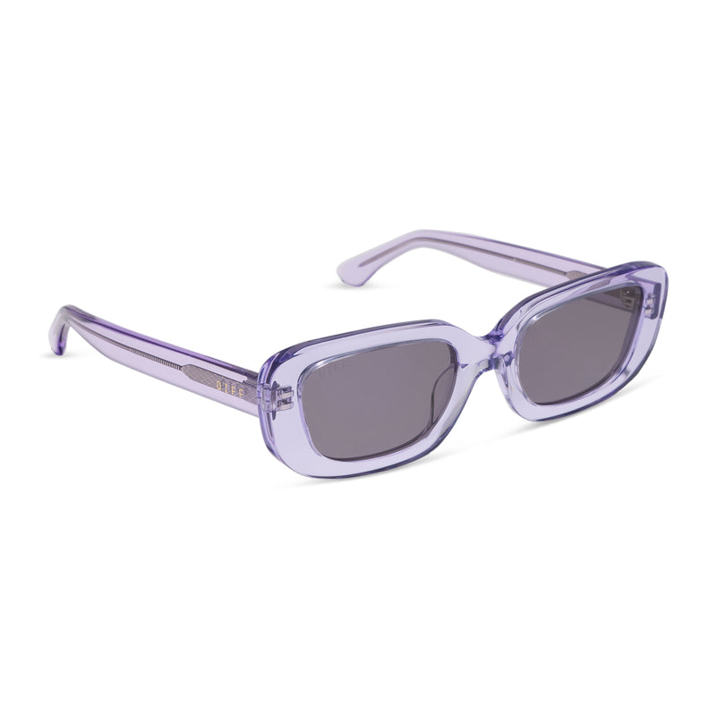diff eyewear daphne ii low profile square sunglasses with a lilac crystal purple acetate frame and grey lenses angled view