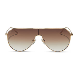 diff eyewear dash shield oversized sunglasses with a gold metal frame and brown gradient lenses front view