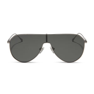 diff eyewear dash shield oversized sunglasses with a gunmetal metal frame and grey lenses front view