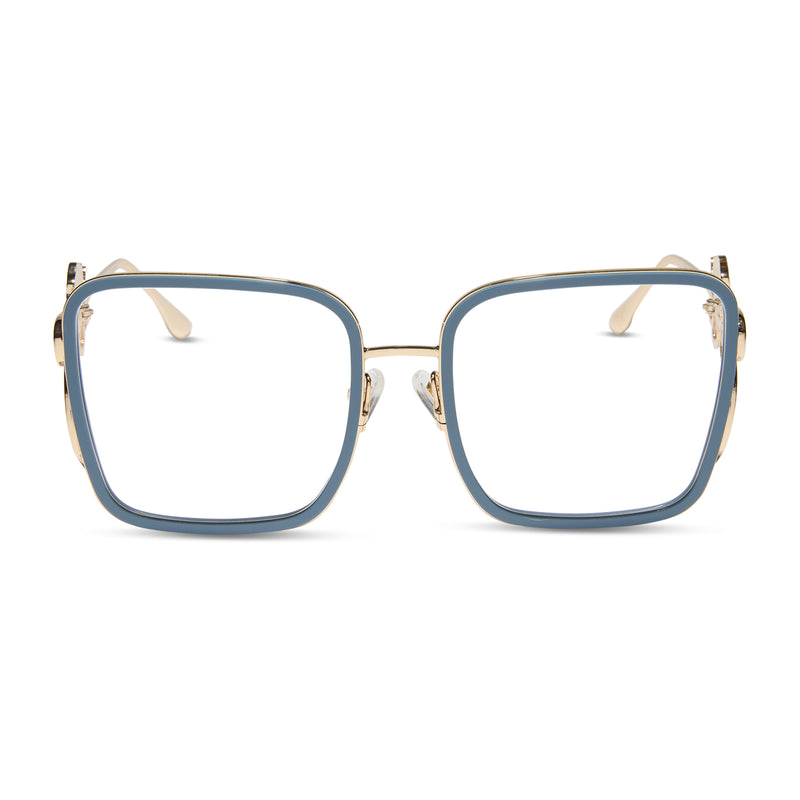 disney princess x diff eyewear featuring the belle 2.0 prescription glasses with a gold and blue frame front view
