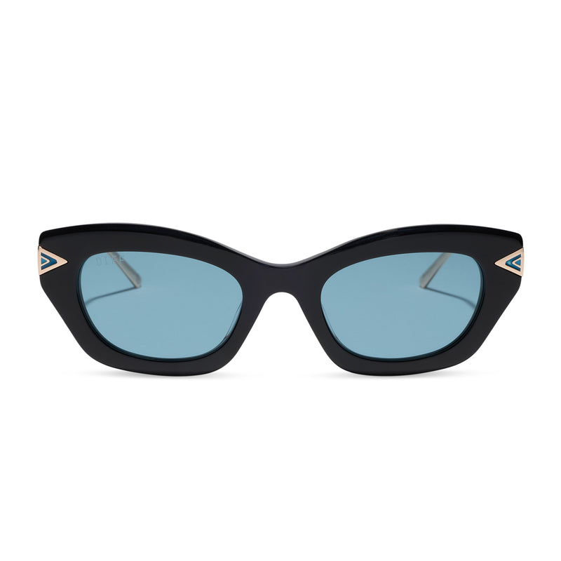 diff eyewear x disney princess featuring the jasmine 2.0 cateye sunglasses with a black acetate frame and teal lenses front view
