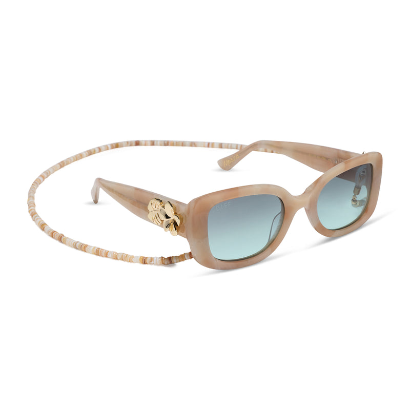 diff eyewear x disney princess featuring the moana square sunglasses with a beige tortoise acetate frame and seafoam green lenses angled view