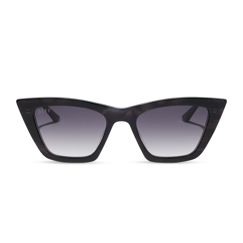 diff eyewear x disney villains featuring the maleficent cateye sunglasses with a black steak crystal frame and grey gradient lenses front view