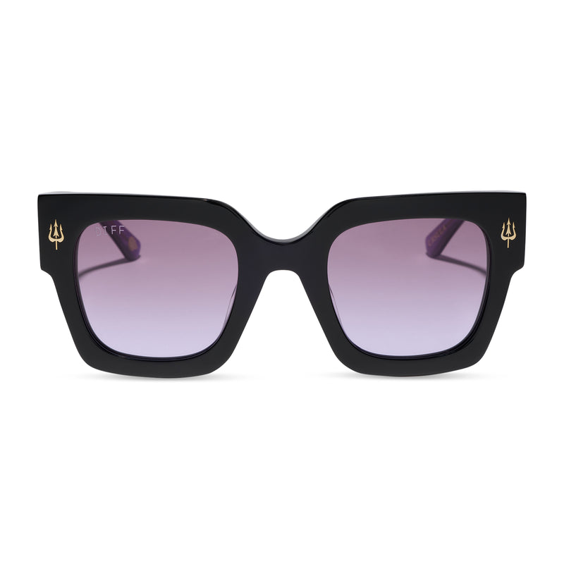 diff eyewear x disney villains featuring the ursula square sunglasses with a black frame and purple gradient lenses front view