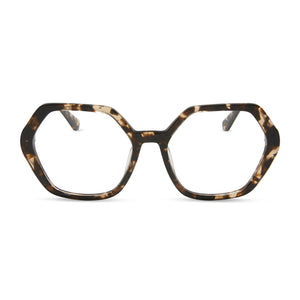 diff eyewear featuring the dixie hexagon glasses with a espresso tortoise frame and clear demo lenses front view