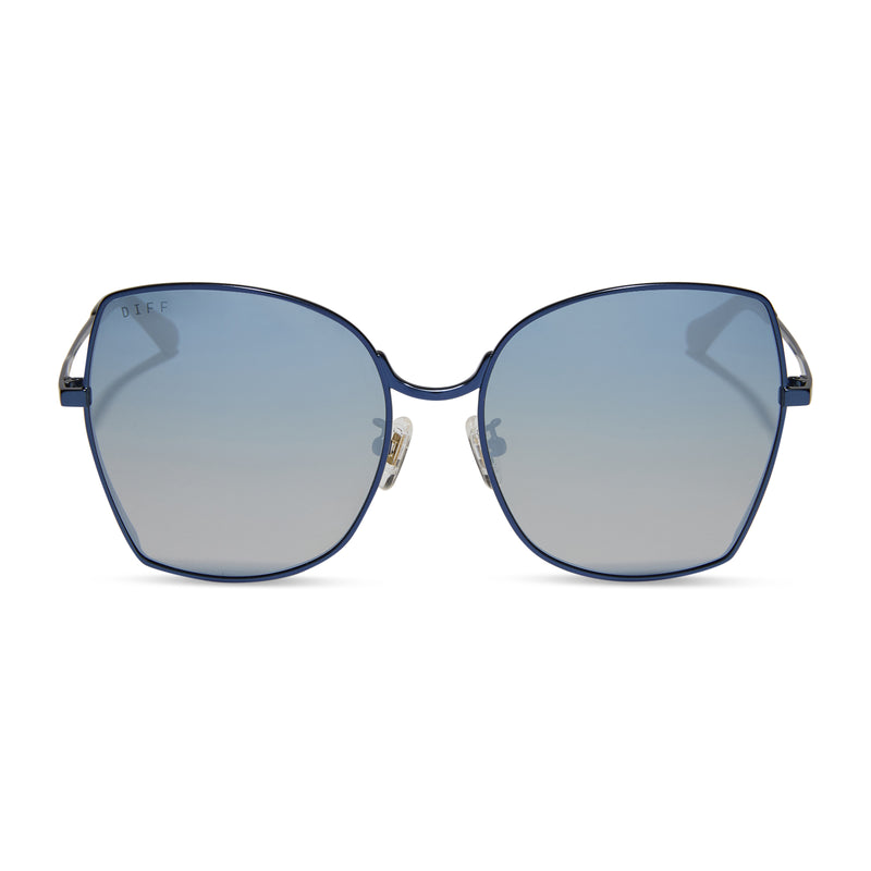 diff eyewear featuring the donna square sunglasses with a deep navy metal frame and aegean blue flash lenses front view