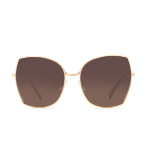 diff eyewear donna square sunglasses with a gold frame and brown gradient lenses front view