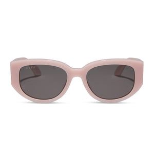 diff eyewear featuring the drew square sunglasses with a pink velvet frame and grey lenses front view