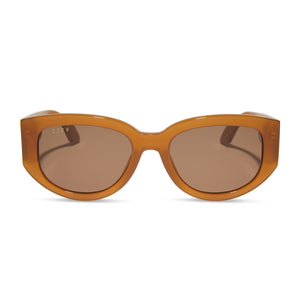 diff eyewear featuring the drew square sunglasses with a salted caramel frame and brown lenses front view