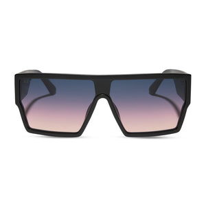 diff eyewear featuring the electra shield sunglasses with a matte black frame and twilight purple to pink gradient lenses front view