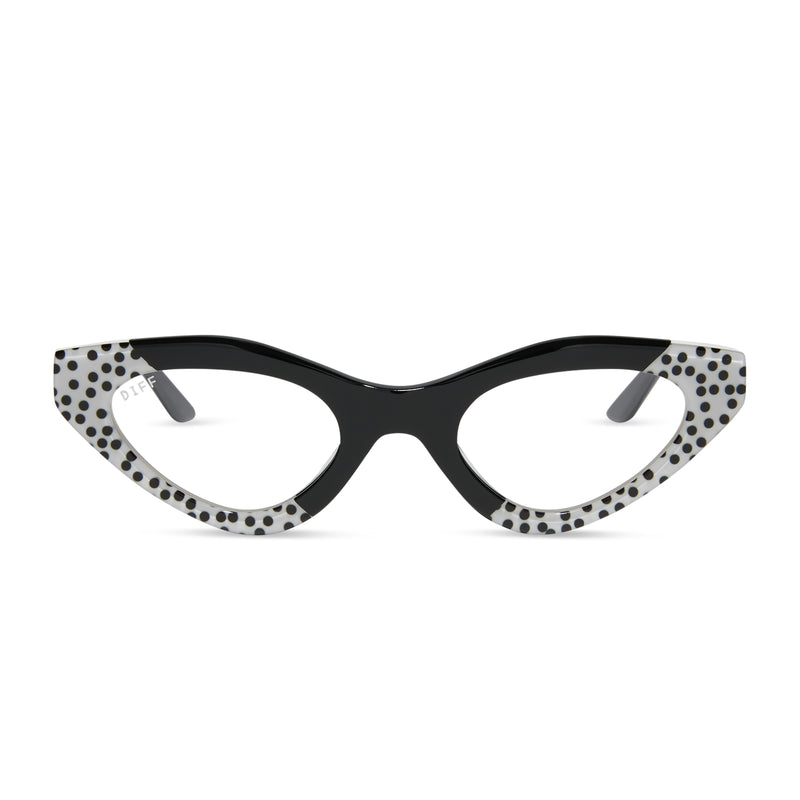 emily in paris x diff eyewear featuring the emily 2.0 cat eye prescription glasses with a midnight polka dot frame front view