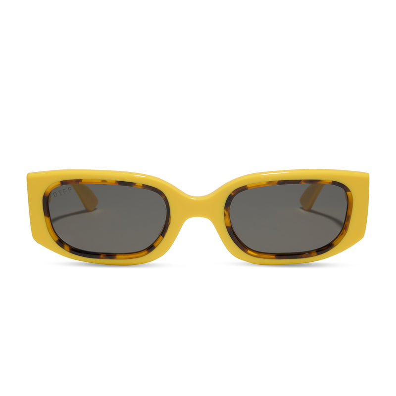 emily in paris x diff eyewear featuring the julien 2.0 rectangle sunglasses with a citron yellow with tortoise frame and chic grey lenses front view